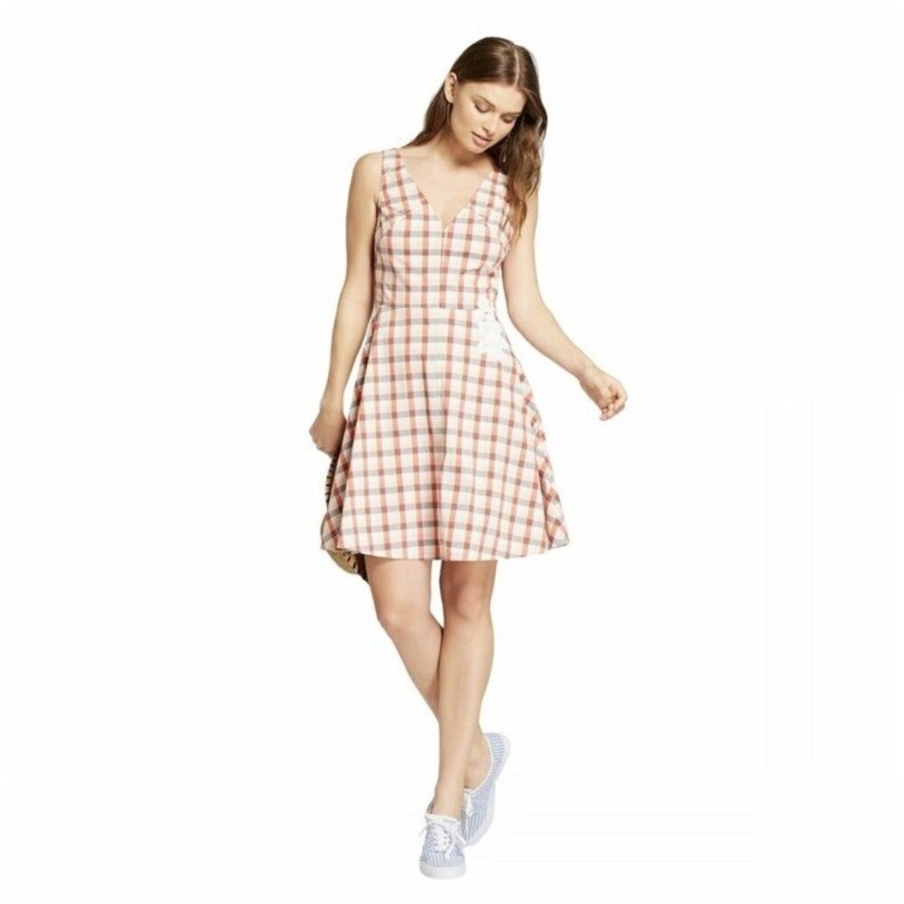 A New Day Shirt Dress 10 Gingham Check Embroidered Retro Fit Flare Cotton Picnic